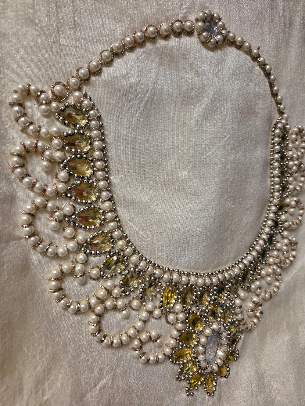 Luxury Hand-Beaded Cream Pillow 16x16 – Pearl Amber Crystal Feather Throw Pillow